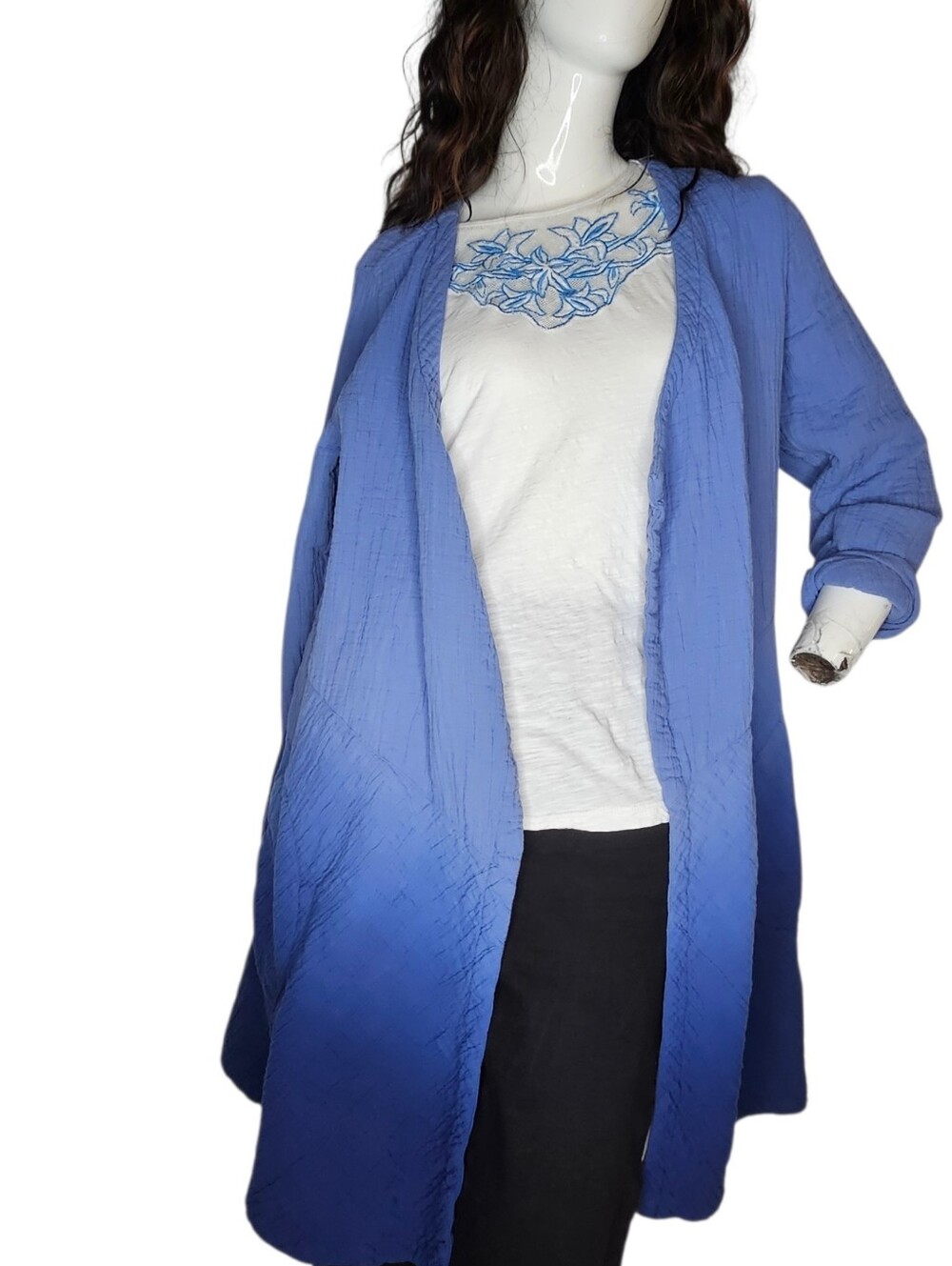 Soft Surrounding Blue Ombre Gauze Cotton Open Front Duster Kimono Size M